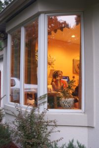 View of a woman talking on the phone, seen from outside her home through a bay window