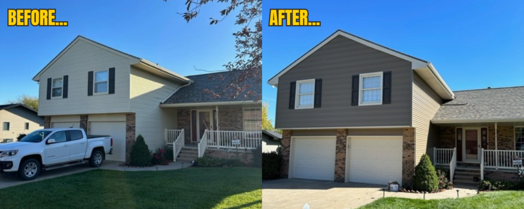 A home before and after ABC Seamless of Nebraska installed siding