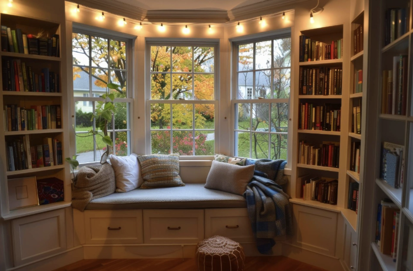 bay window transformed into a book nook with shelves and fairy lights