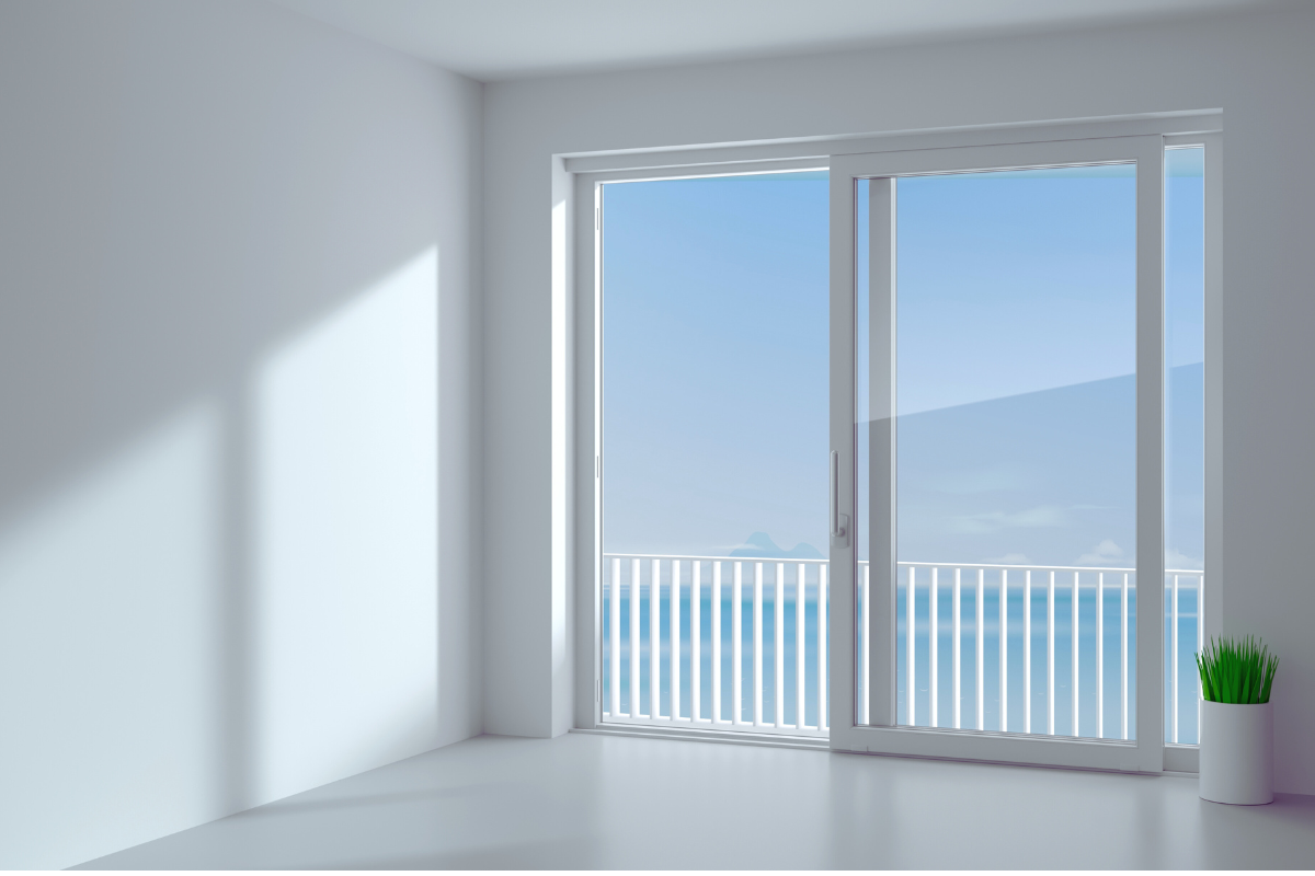 vinyl sliding patio doors in an empty apartment