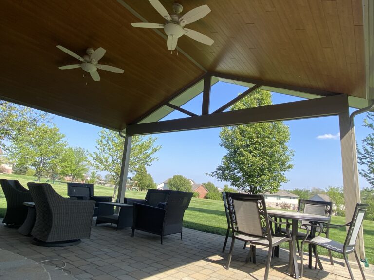 interior of cathedral style patio cover with attached ceiling fans
