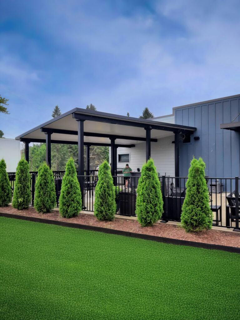 modern-looking, attached patio cover in contrasting black and white color