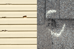image showing storm damage to siding and shingles