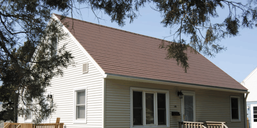 view of metal roof in brick color